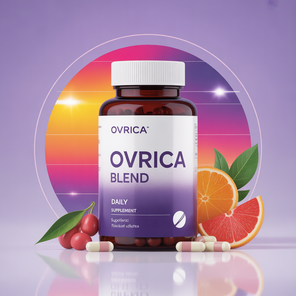 Ovrica Daily Blend supplement bottle illustration with gradient accents